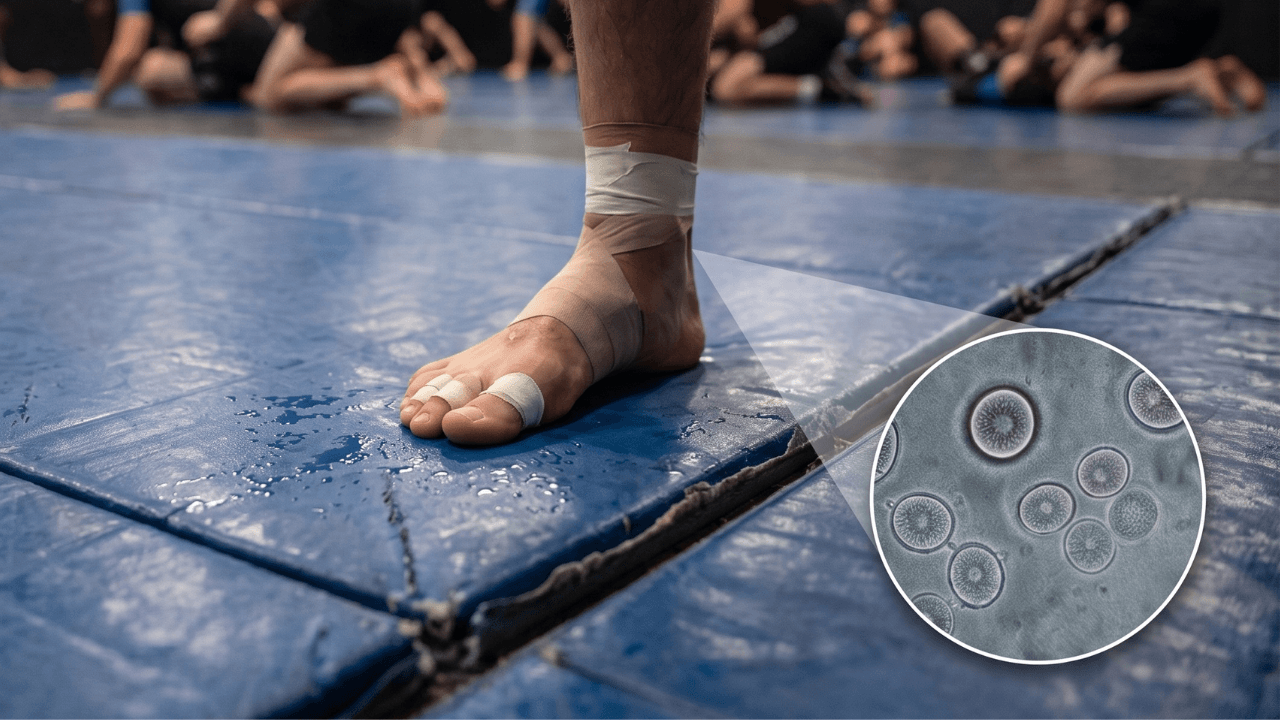 Ringworm from the gym starts on shared mats and travels home in a grappler's gear bag
