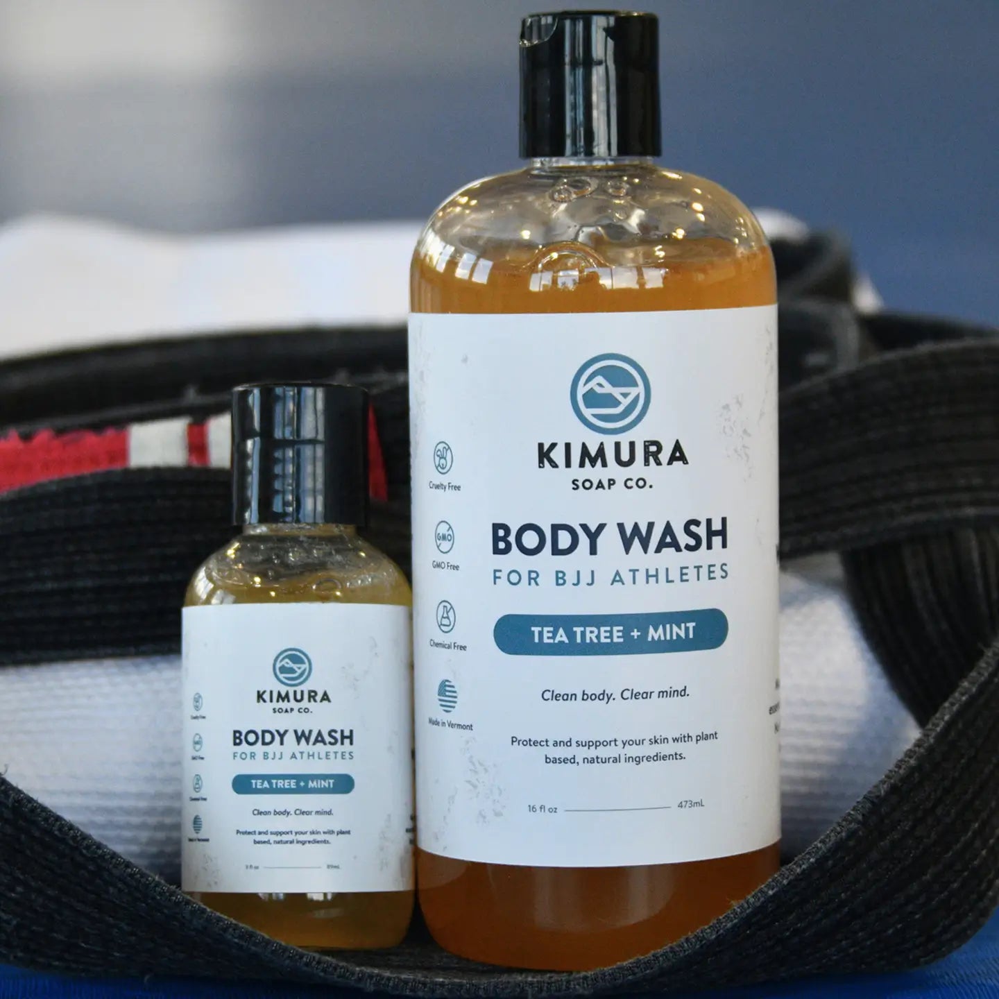 Two bottles of Kimura Soap Co. body wash for BJJ athletes 16oz and 3oz