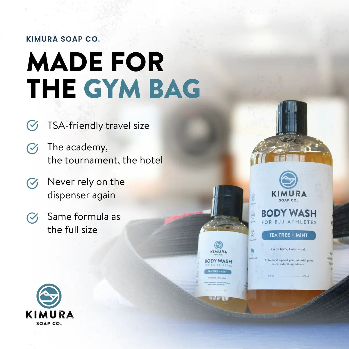 Kimura Soap Co. body wash bottles made for the gym bag