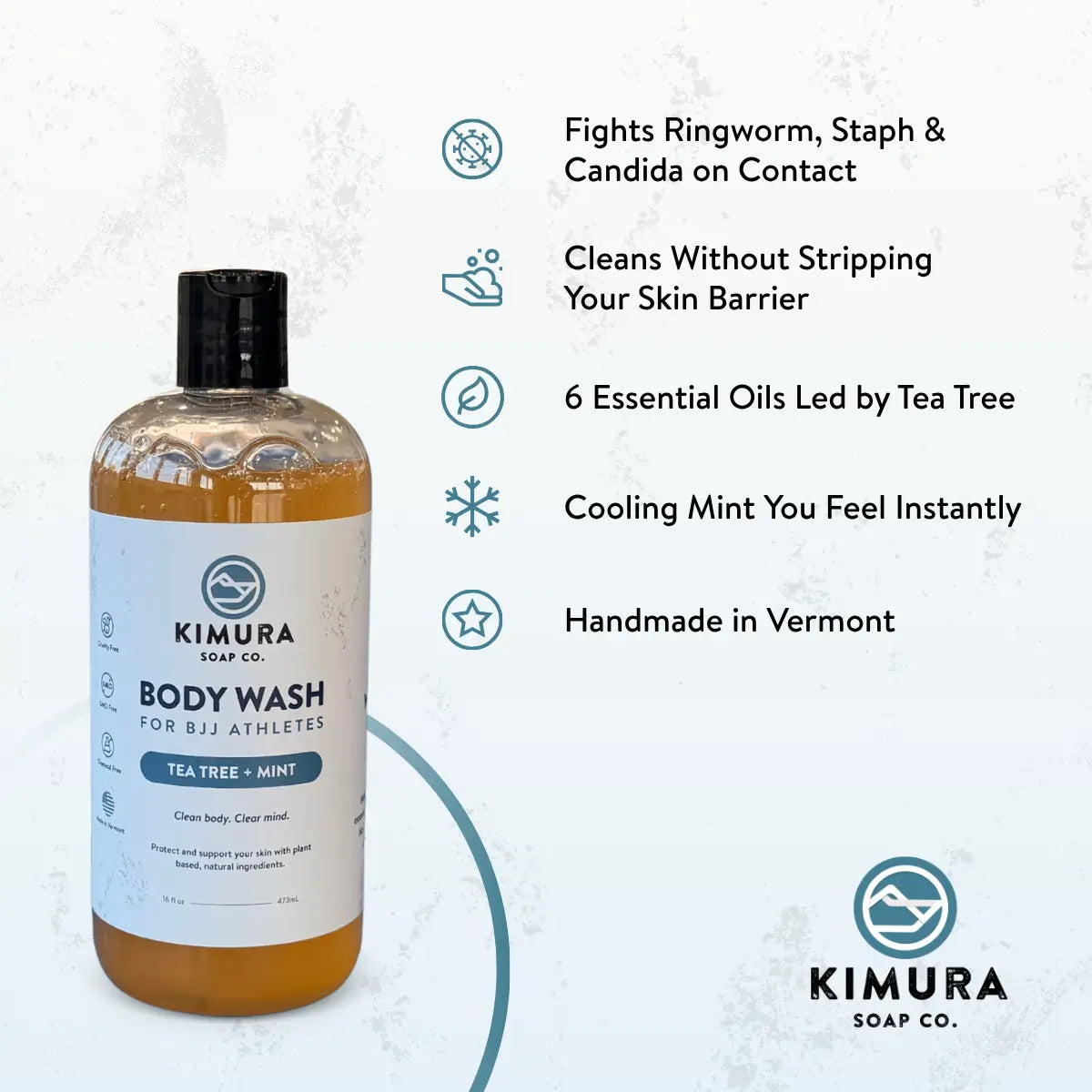 Kimura Soap Co. Tea Tree + Mint body wash in a clear bottle