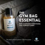 Kimura Body Wash bottle in a gym bag next to a rolled towel