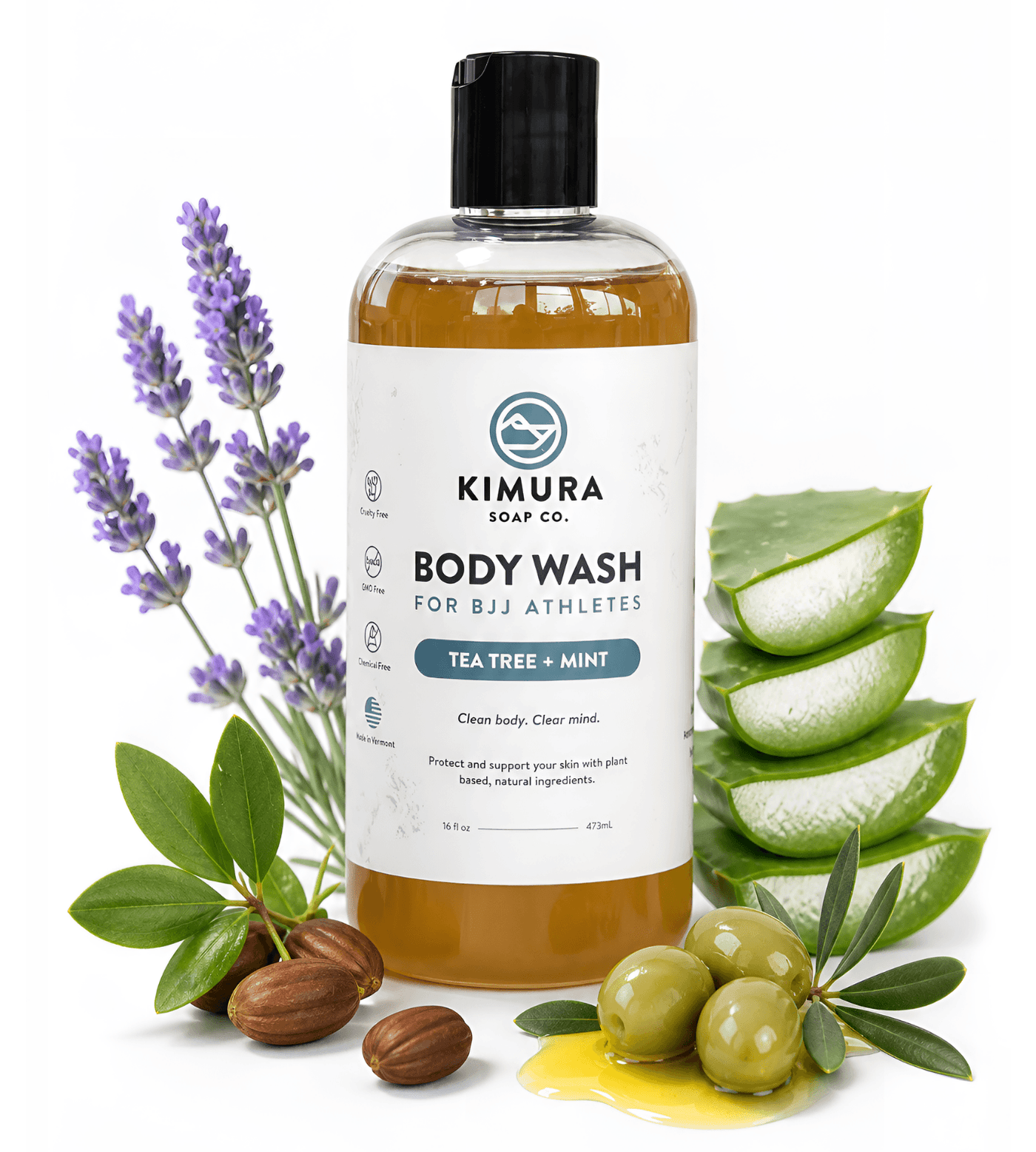 Bottle of Kimura Soap Co. body wash with lavender, aloe vera, and olives