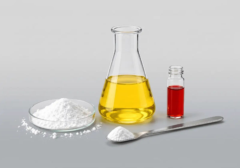 Chemical reagents including a beaker with yellow liquid, a small bottle with red liquid, a spoon with white powder, and a dish with white powder.
